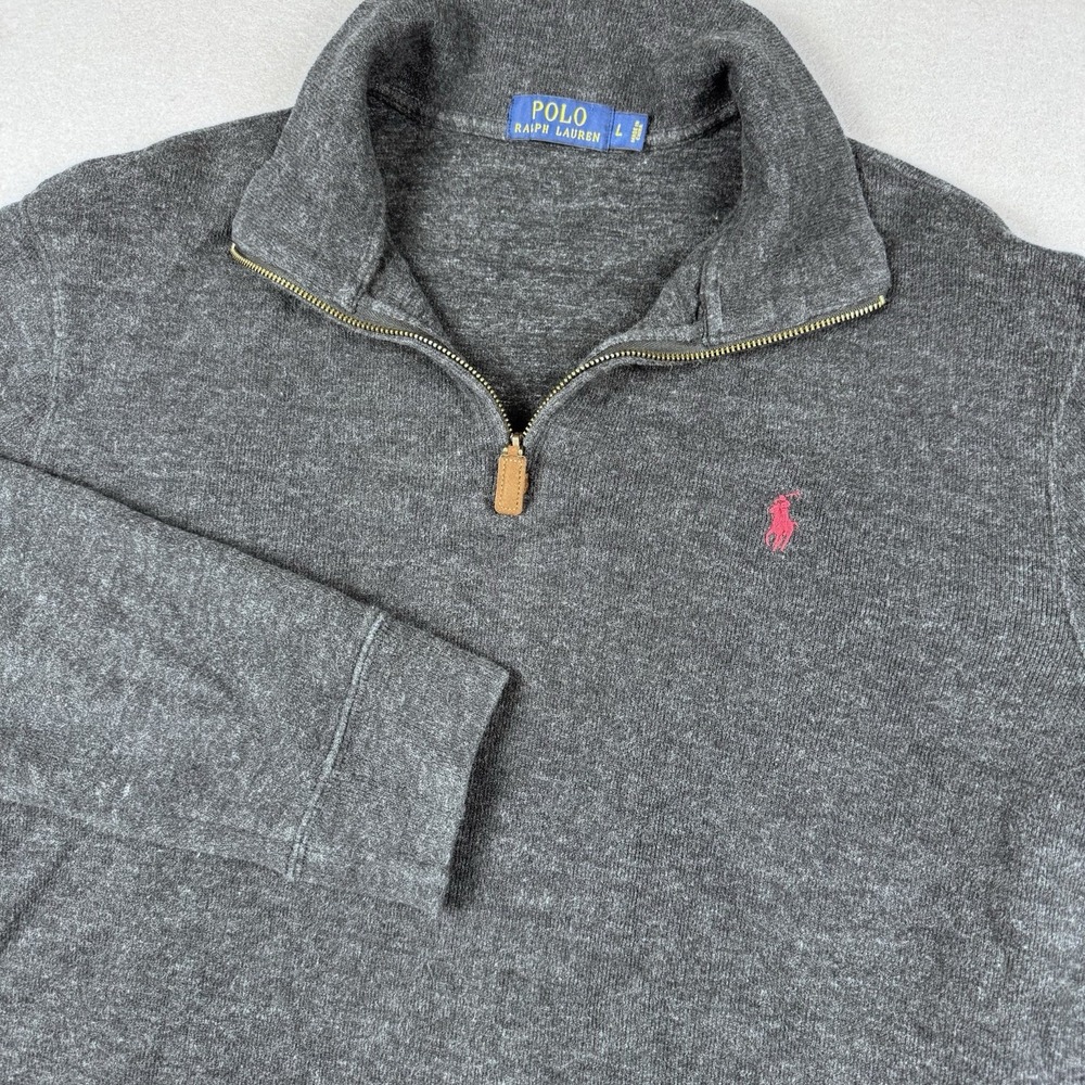 Polo Ralph Lauren Estate Rib 1/4 Zip Pullover Men L Gray Red Pony Sweater